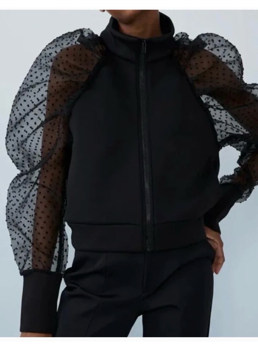 Zara Black Puff-Sleeve Sheer Dot Zip Jacket